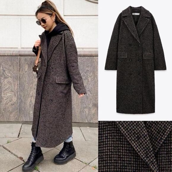 ZARA Houndstooth Wool Blend Long Coat Size L Brown Navy Double Breasted - Picture 14 of 14